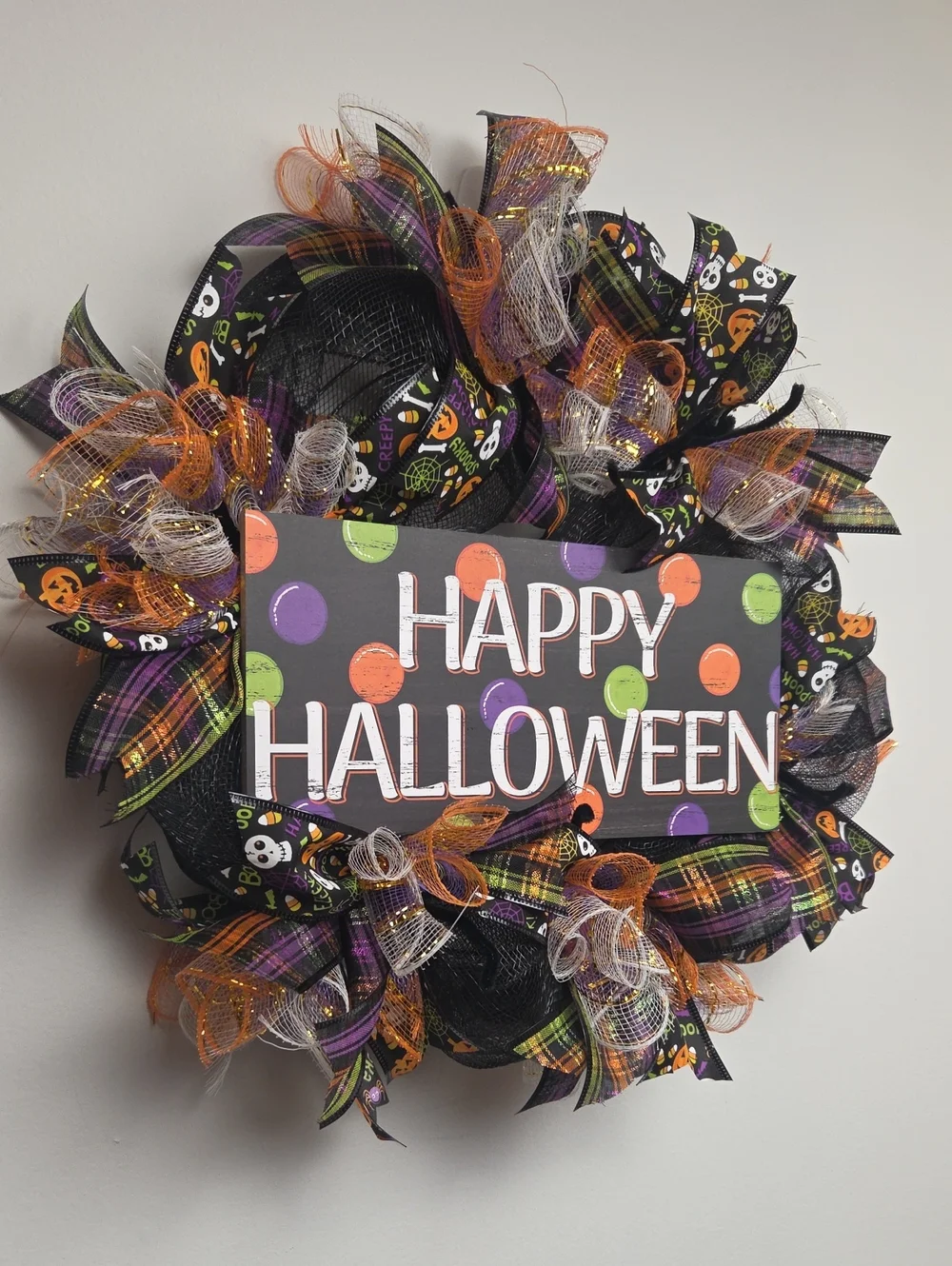Happy Halloween Pumpkin Skeleton Plaid Black Deco Mesh Holiday Wreath Door Decor